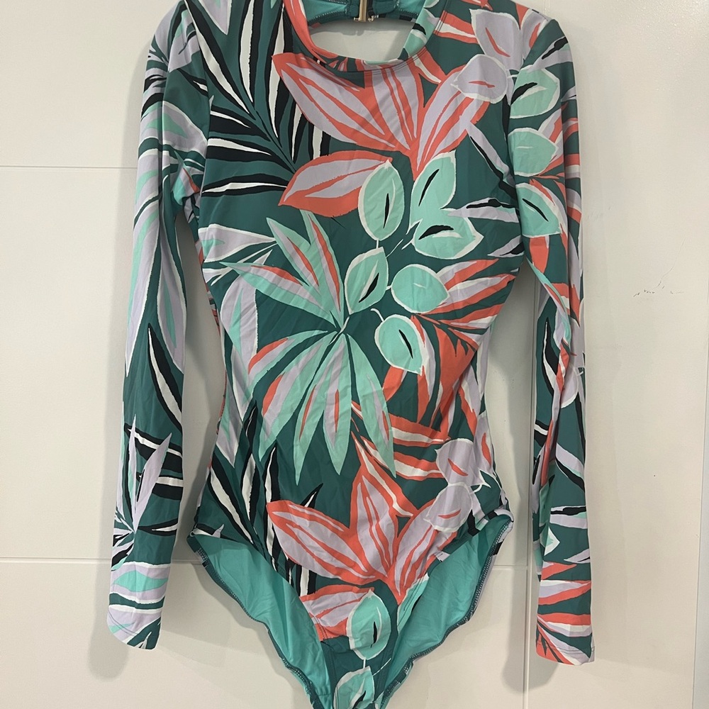 Anna Cole Tropical Leaf Print Woman’s One Piece Rashguard Sun Suit